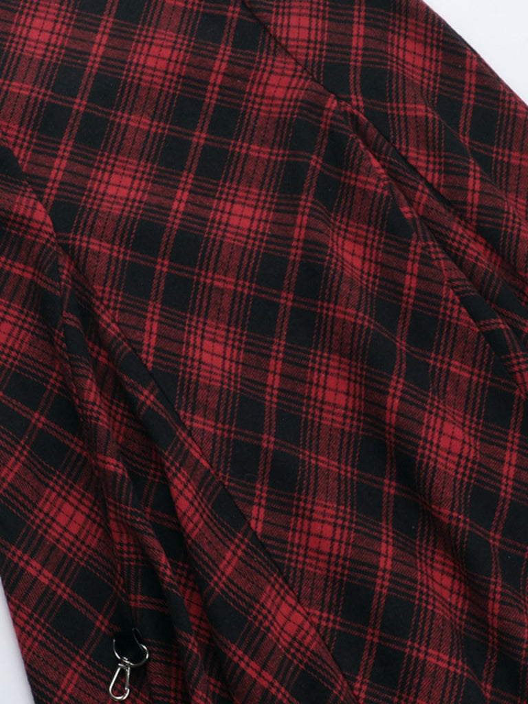 Red 1980s Scottish Plaid High-Low Hem Skirt
