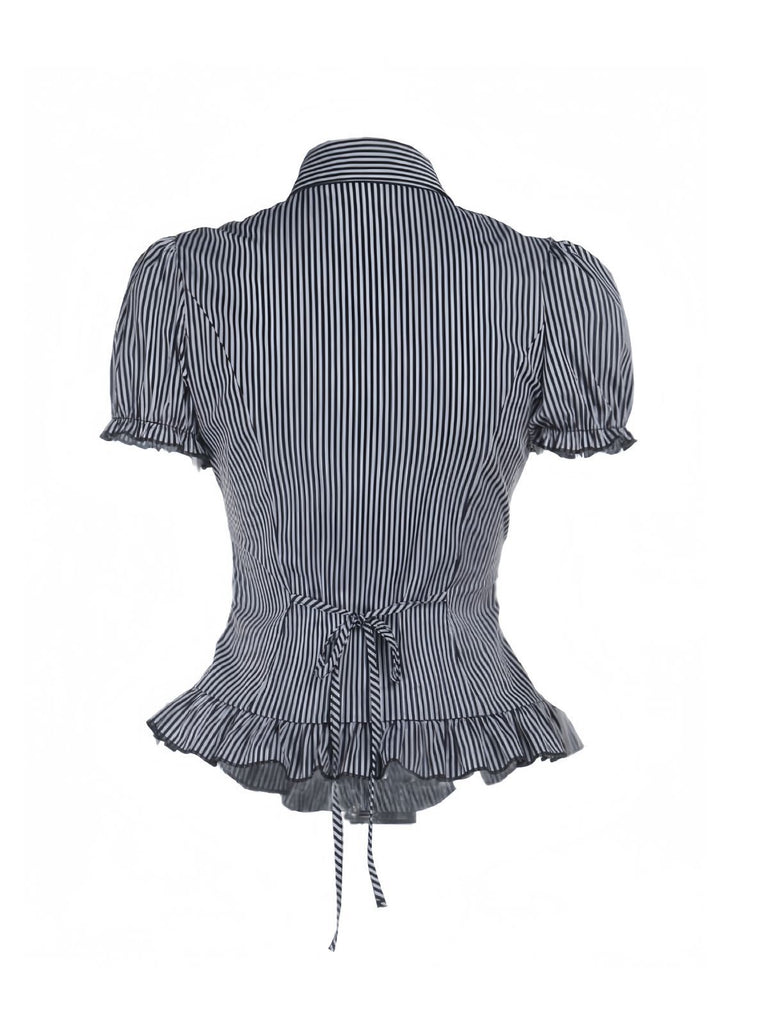 Gray 1930s Vertical Striped Puff Sleeve Ruffled Blouse