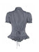 Gray 1930s Vertical Striped Puff Sleeve Ruffled Blouse