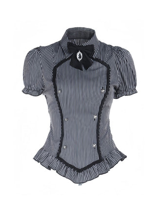 Gray 1930s Vertical Striped Puff Sleeve Ruffled Blouse