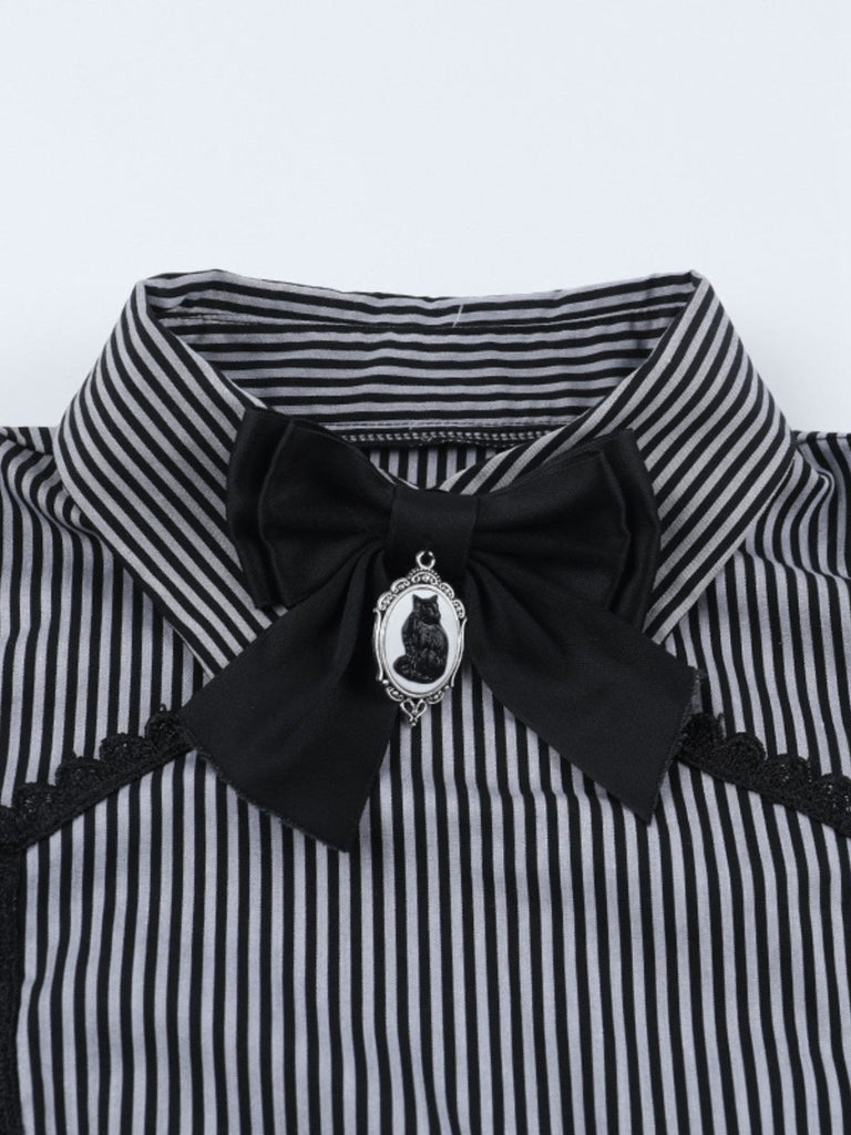 Gray 1930s Vertical Striped Puff Sleeve Ruffled Blouse
