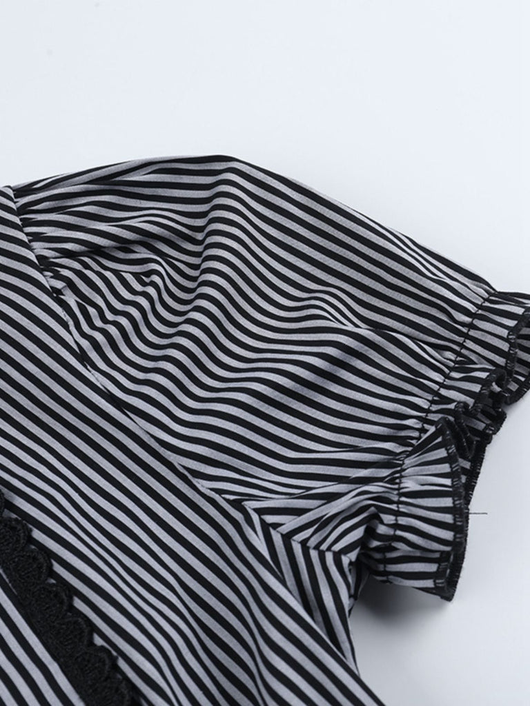 Gray 1930s Vertical Striped Puff Sleeve Ruffled Blouse