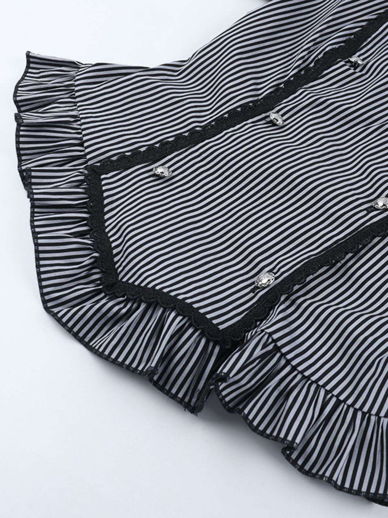 Gray 1930s Vertical Striped Puff Sleeve Ruffled Blouse