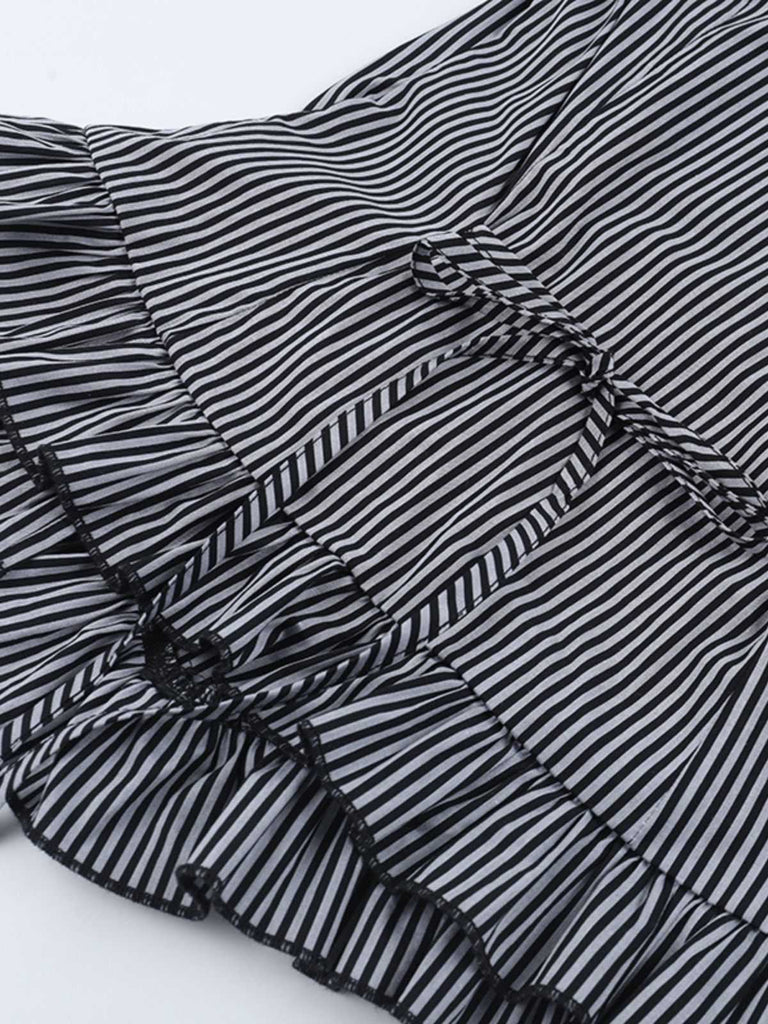 Gray 1930s Vertical Striped Puff Sleeve Ruffled Blouse