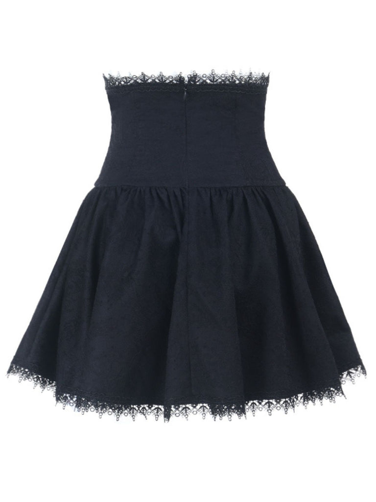 Black 1970s Lace Patchwork Lace-Up Corset Skirt