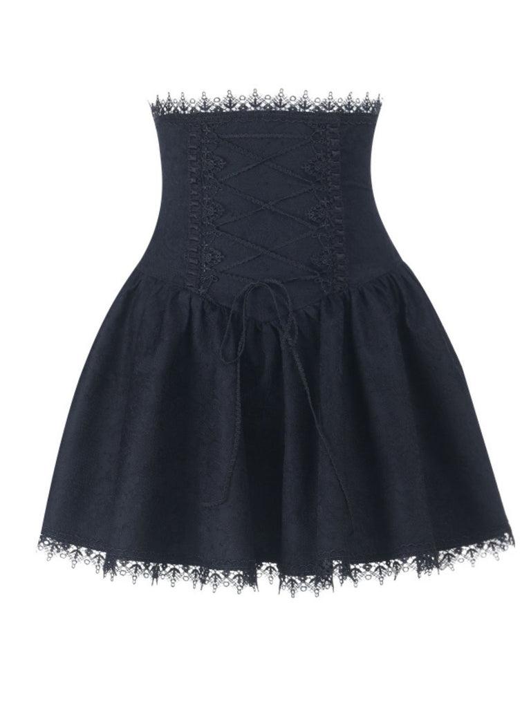 Black 1970s Lace Patchwork Lace-Up Corset Skirt