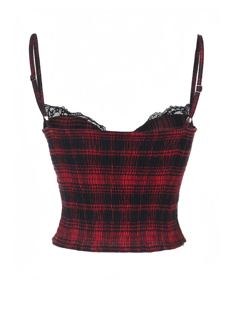 2PCS Red 1980s Plaid Smocked Top & High-Low Hem Skirt