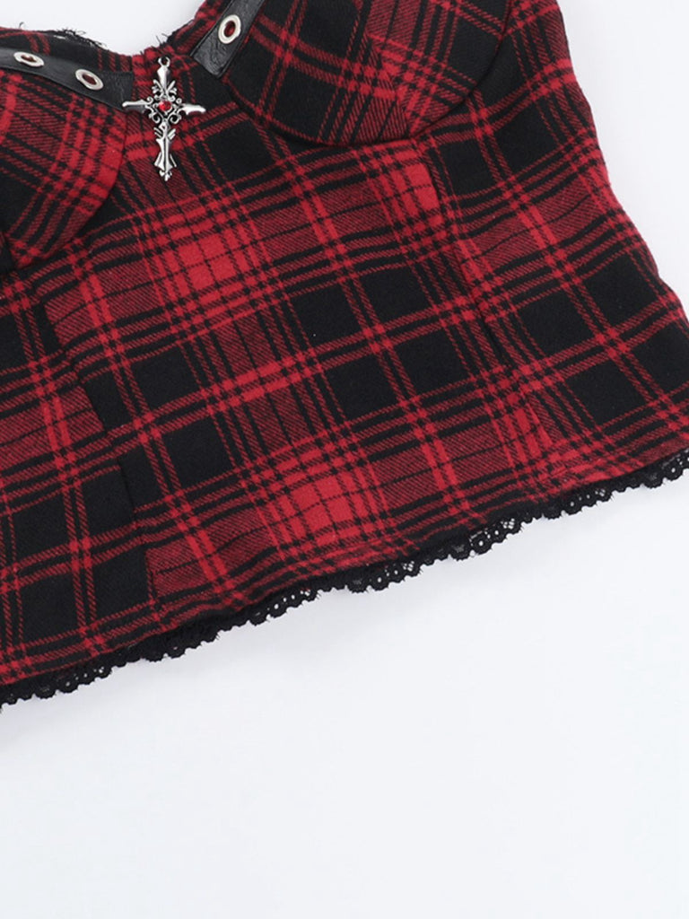 2PCS Red 1980s Plaid Smocked Top & High-Low Hem Skirt