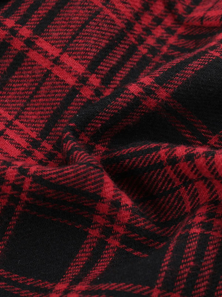 2PCS Red 1980s Plaid Smocked Top & High-Low Hem Skirt