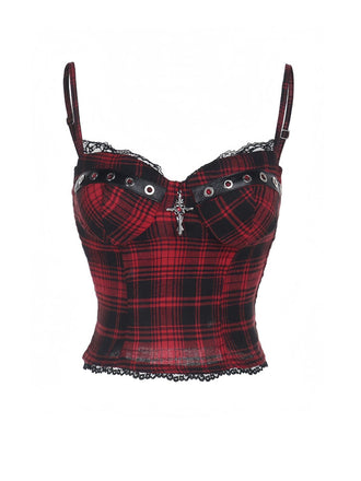 Red 1970s Punk Plaid Lace & Leather Smocked Top