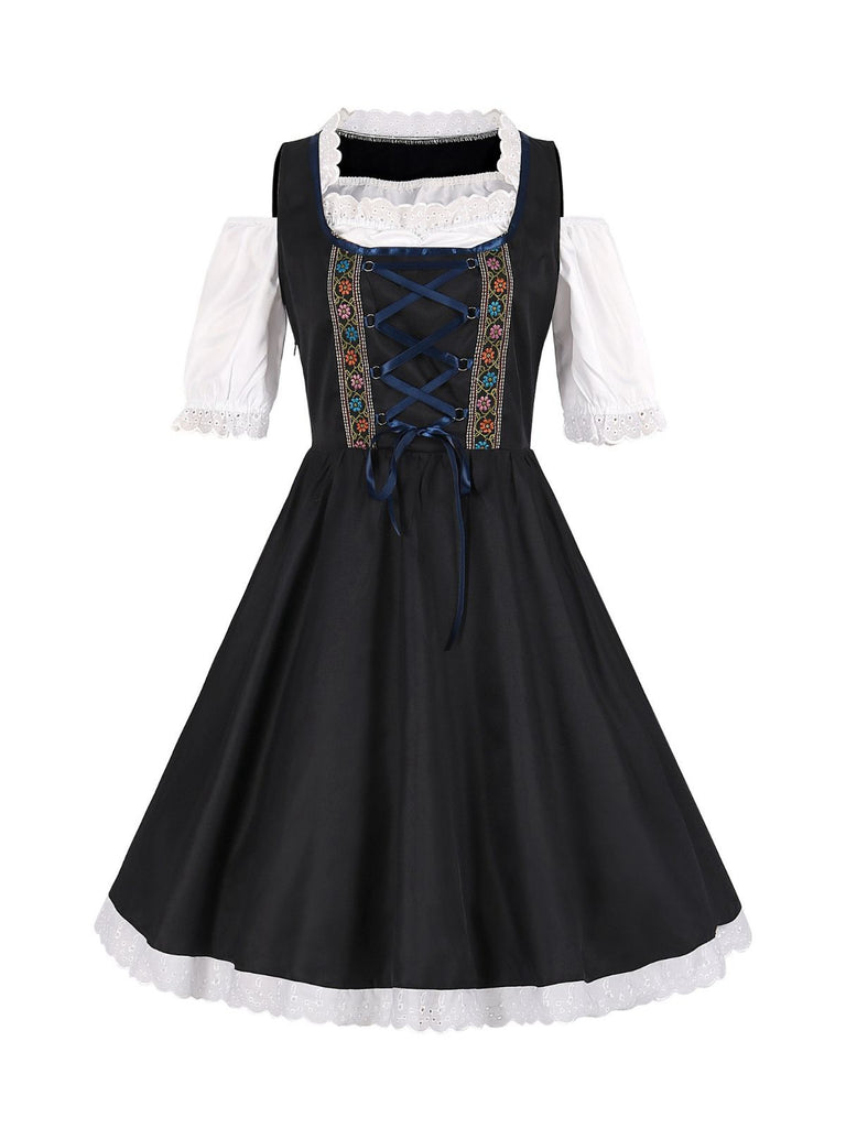 2PCS Dark Blue 1950s Floral Embroidered Dress & Velvet Apron
