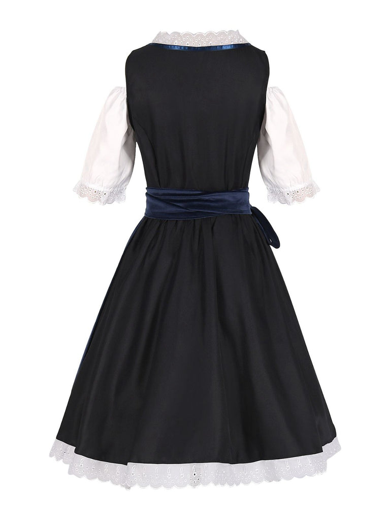 2PCS Dark Blue 1950s Floral Embroidered Dress & Velvet Apron