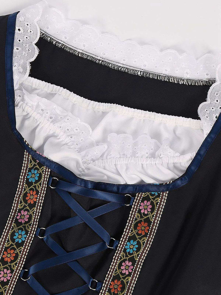2PCS Dark Blue 1950s Floral Embroidered Dress & Velvet Apron