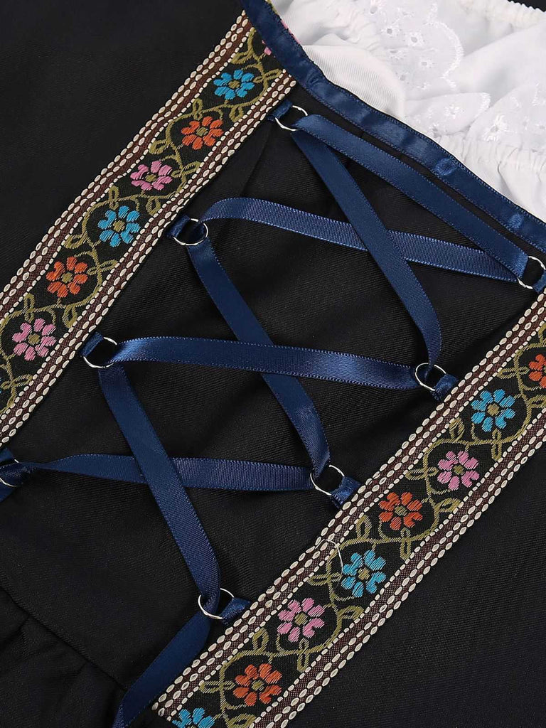2PCS Dark Blue 1950s Floral Embroidered Dress & Velvet Apron