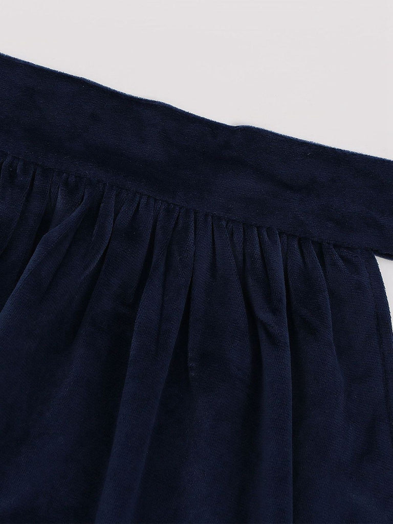 2PCS Dark Blue 1950s Floral Embroidered Dress & Velvet Apron