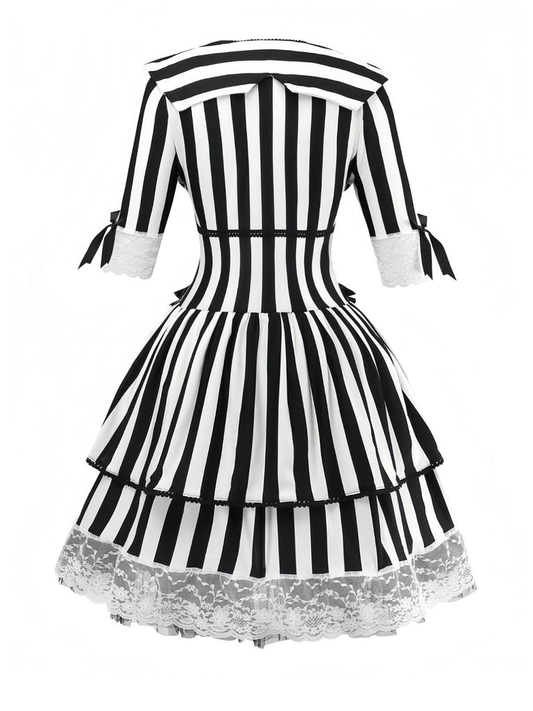 Black & White 1970s Lace Patchwork Stripe Dress