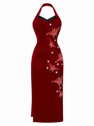 Red 1980s Ada-Wong Embroidered Butterfly Velvet Dress
