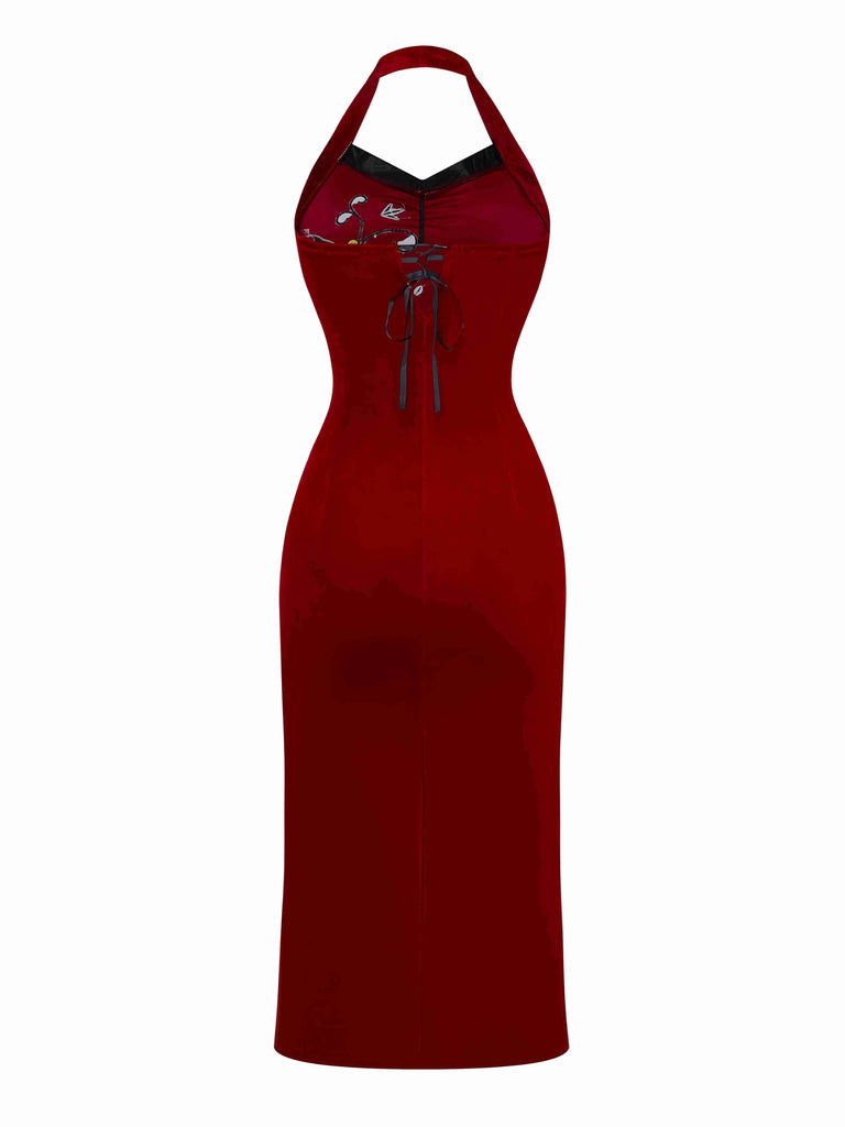 Red 1980s Ada-Wong Embroidered Butterfly Velvet Dress