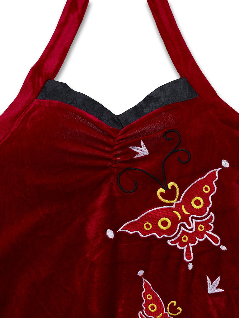 Red 1980s Ada-Wong Embroidered Butterfly Velvet Dress