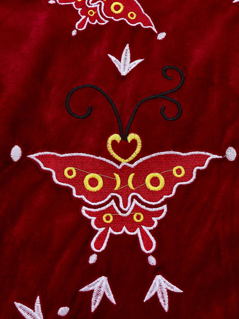 Red 1980s Ada-Wong Embroidered Butterfly Velvet Dress