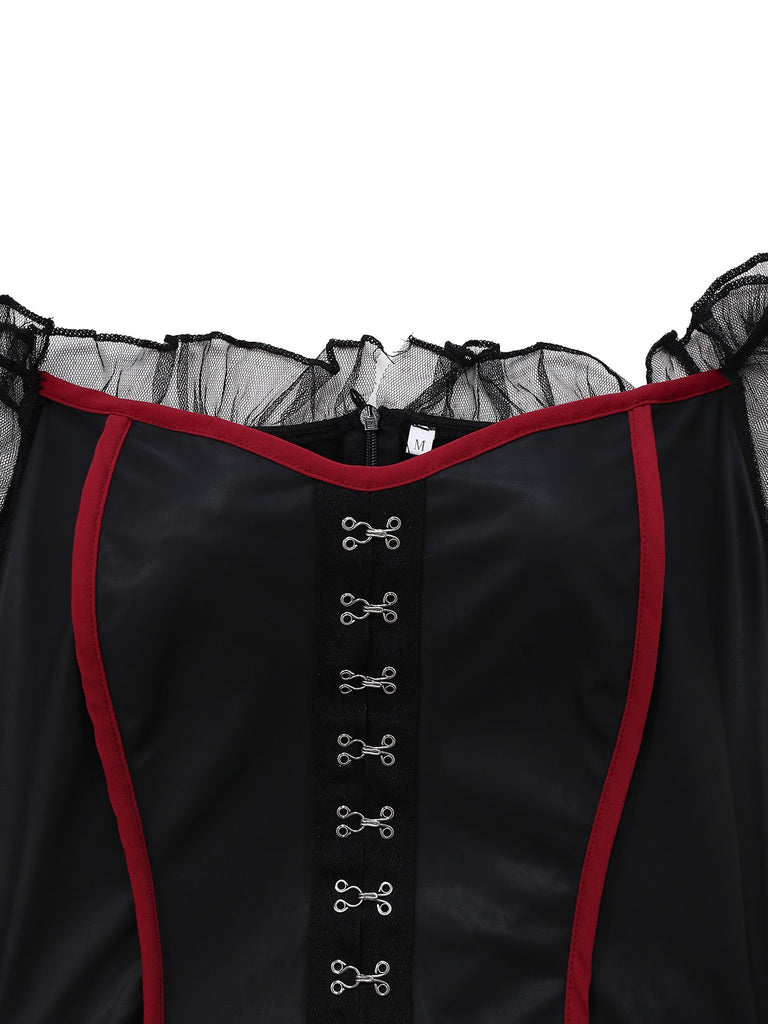 Red 1980s Halloween Witch Vampire Mesh Dress & Embroidered Cape