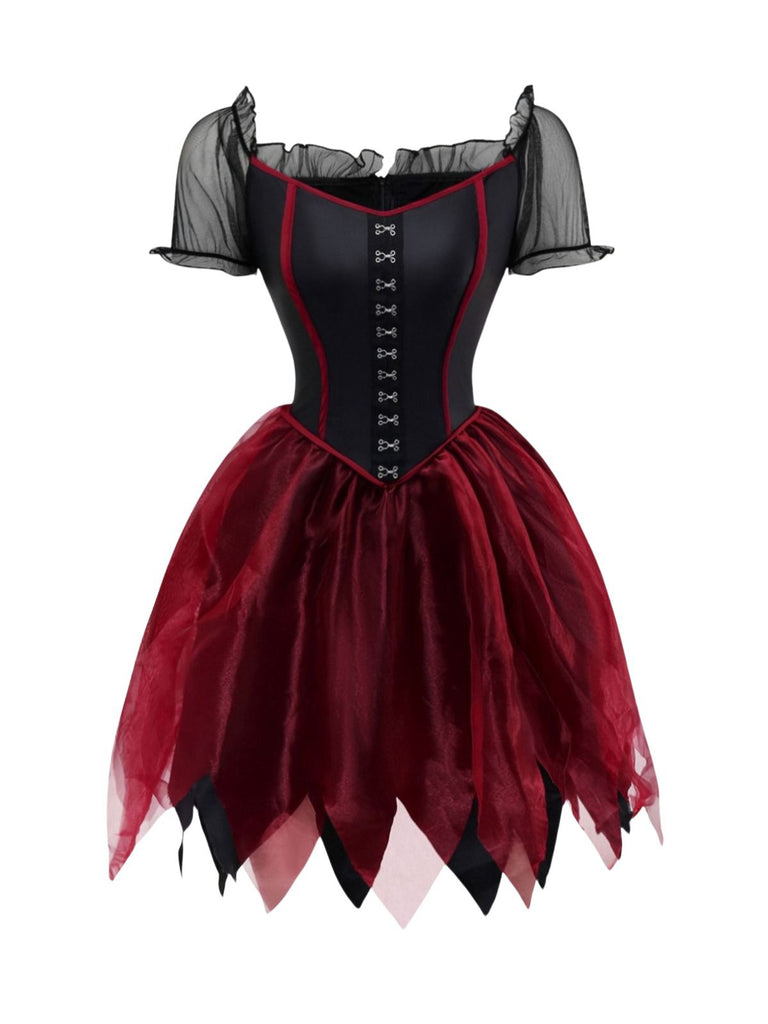 Red 1980s Halloween Witch Vampire Mesh Dress & Embroidered Cape