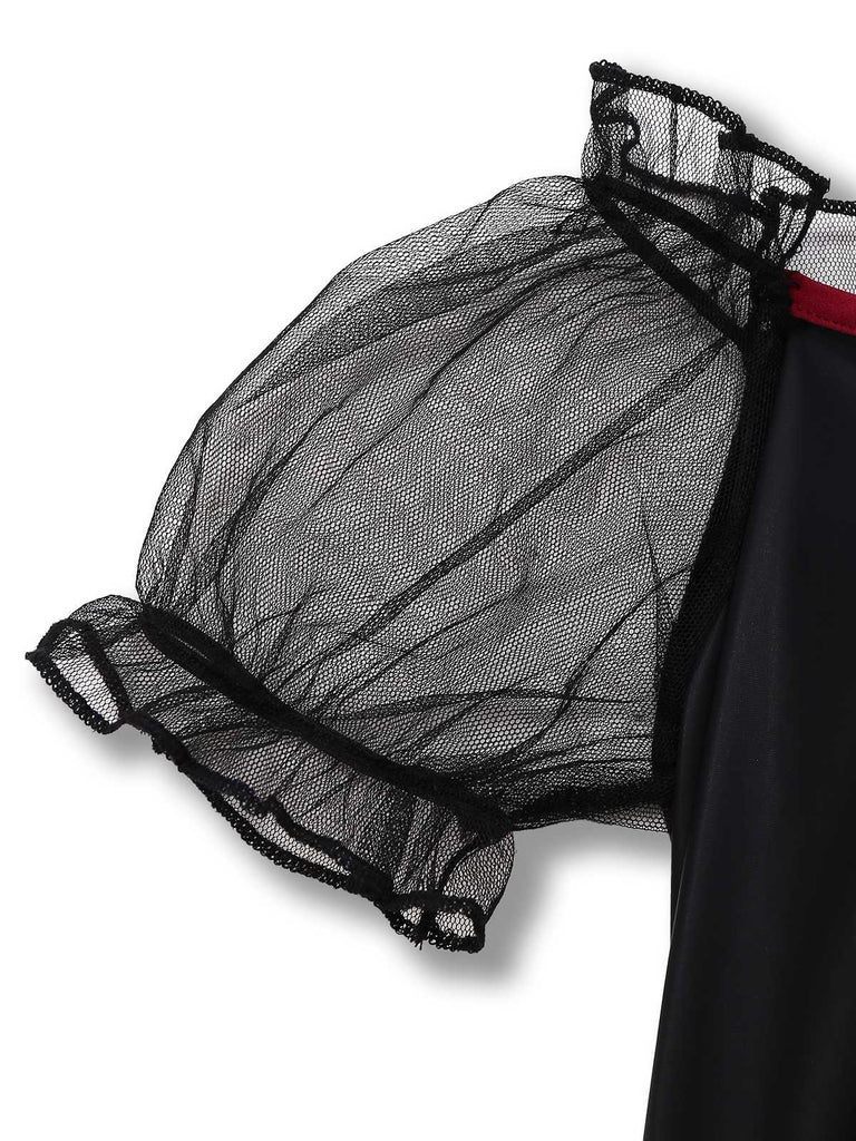 Red 1980s Halloween Witch Vampire Mesh Dress & Embroidered Cape