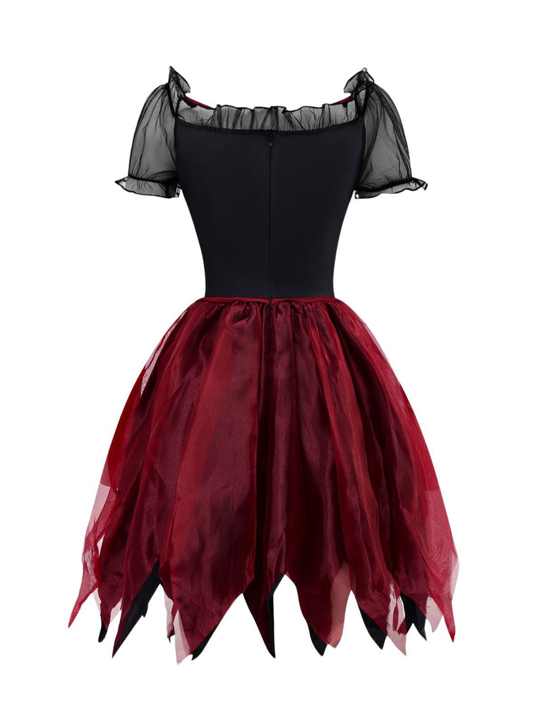 Red 1980s Halloween Witch Vampire Mesh Dress & Embroidered Cape