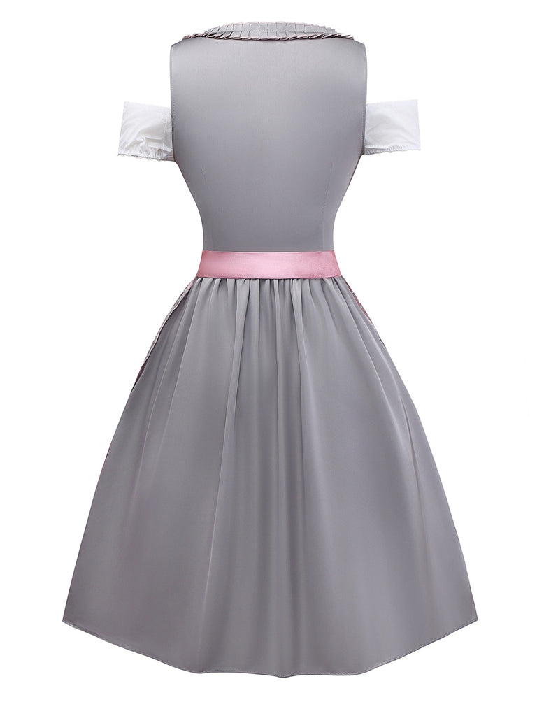 3PCS Pink 1950s Satin Lace Embroidered Dress & Off-Shoulder Top