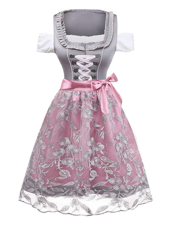 3PCS Pink 1950s Satin Lace Embroidered Dress & Off-Shoulder Top