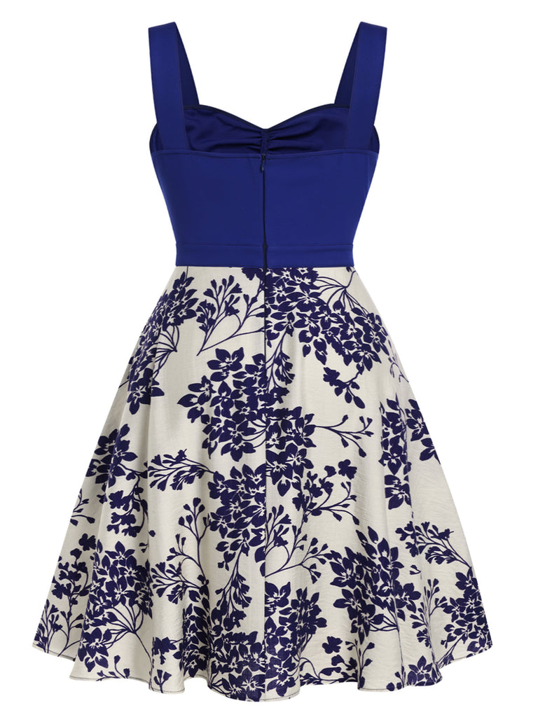 [Plus Size] Blue 1950s Floral Button Sweetheart Neck Dress