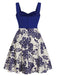 [Plus Size] Blue 1950s Floral Button Sweetheart Neck Dress