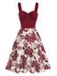 Red 1950s Floral Button Sweetheart Neck Dress
