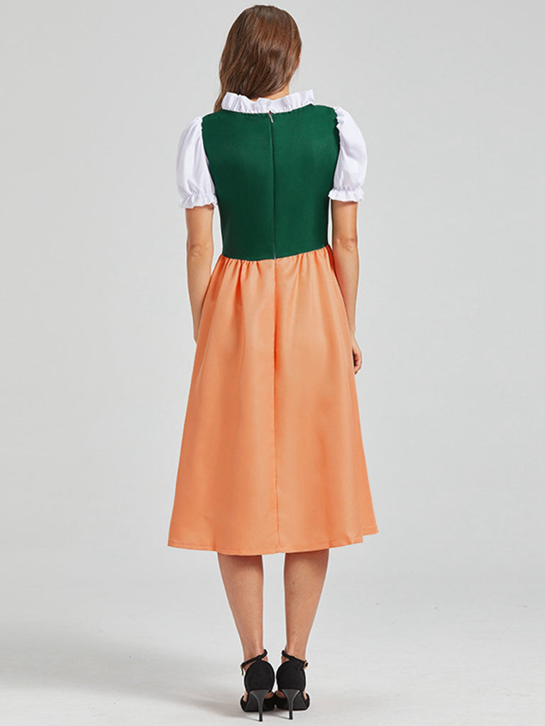 Green 1950s Floral Embroidered Ruffled Mock Two-Piece Dress