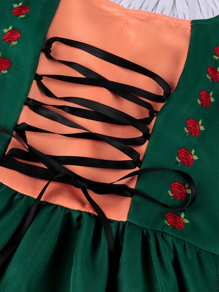 Green 1950s Floral Embroidered Ruffled Mock Two-Piece Dress