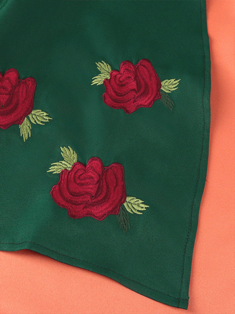 Green 1950s Floral Embroidered Ruffled Mock Two-Piece Dress