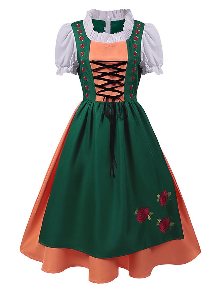 Green 1950s Floral Embroidered Ruffled Mock Two-Piece Dress