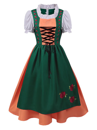 Green 1950s Floral Embroidered Ruffled Mock Two-Piece Dress