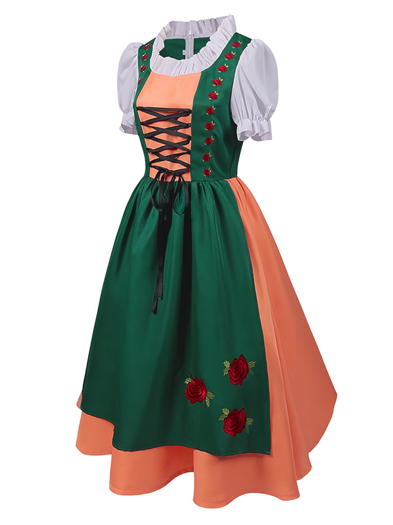 Green 1950s Floral Embroidered Ruffled Mock Two-Piece Dress