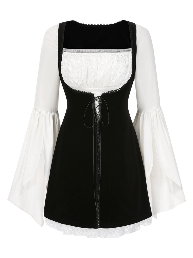 [Pre-Sale] 2PCS 1960s Split Flare Sleeve Dress & Velvet Overall Dress