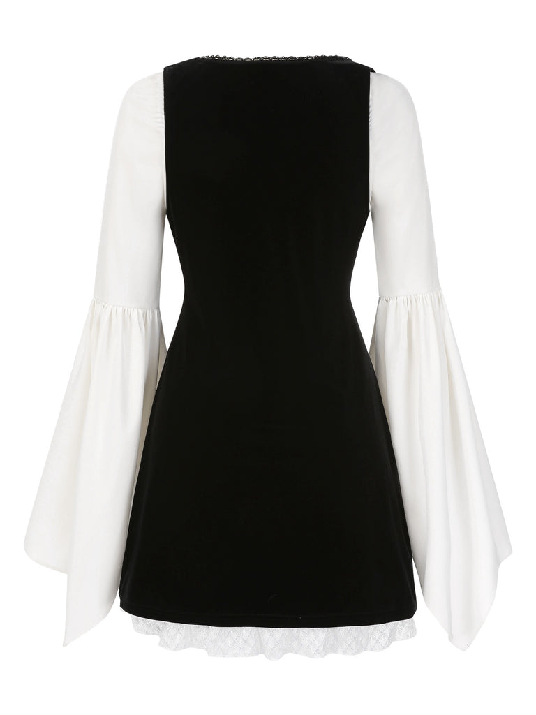 [Pre-Sale] 2PCS 1960s Split Flare Sleeve Dress & Velvet Overall Dress