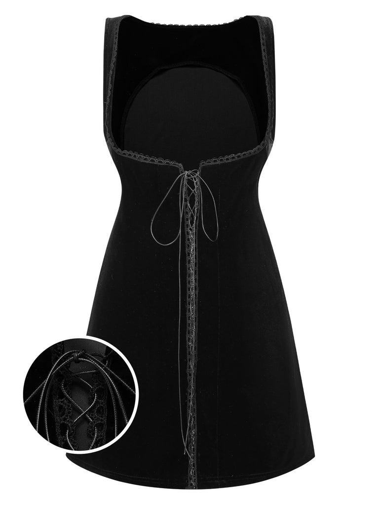 [Pre-Sale] Black 1960s Solid Velvet Lace-Up Overall Dress