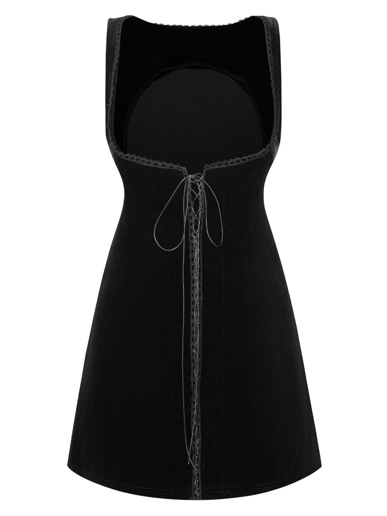 [Pre-Sale] Black 1960s Solid Velvet Lace-Up Overall Dress