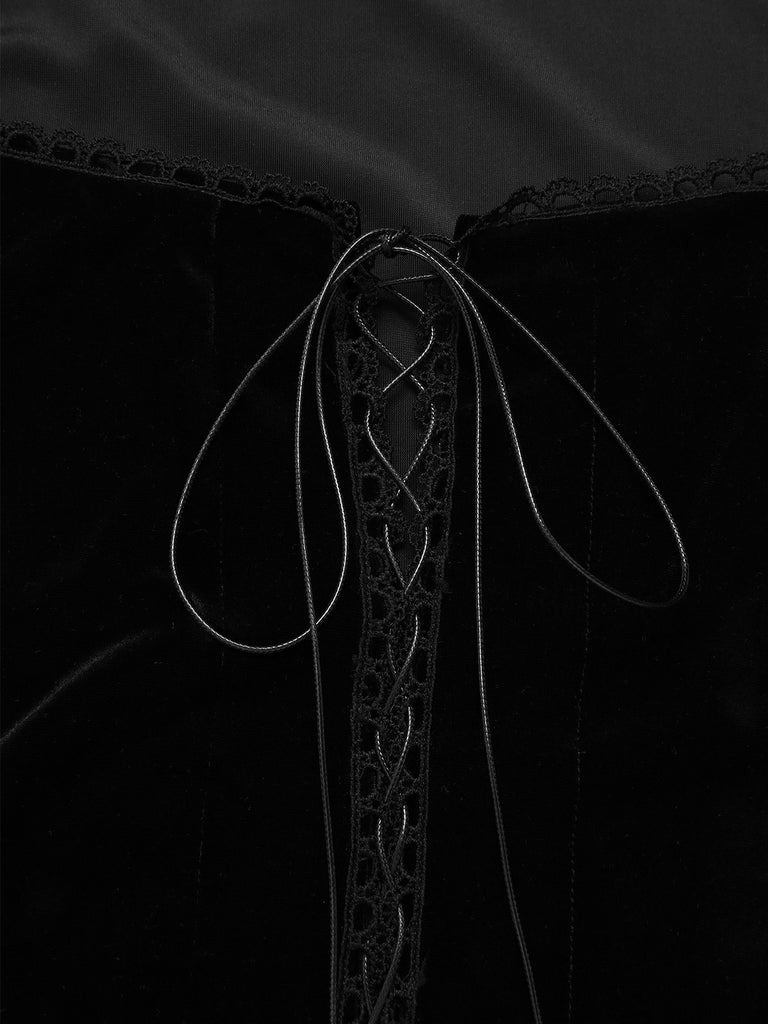 [Pre-Sale] Black 1960s Solid Velvet Lace-Up Overall Dress