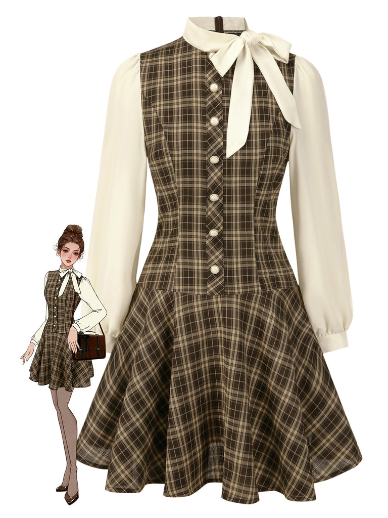 Brown 1960s Plaid Bow Tie Button Swing Dress