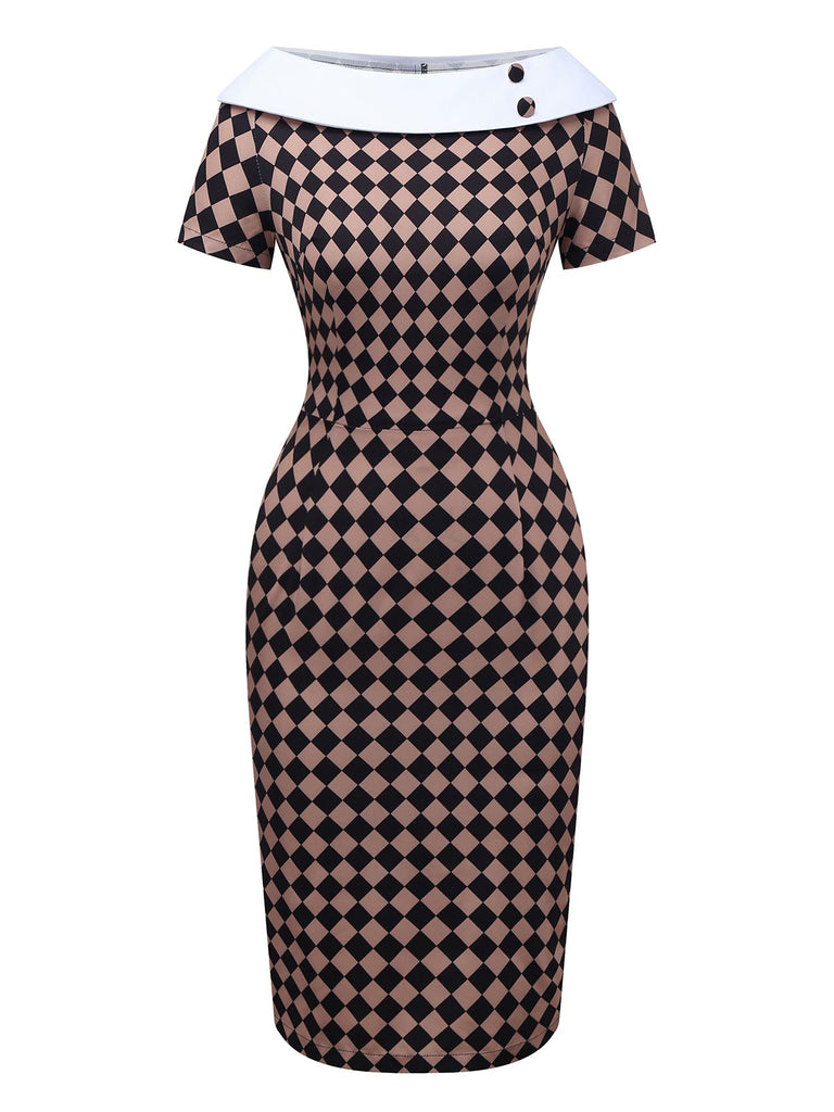 [Pre-Sale] Khaki 1960s Argyle Boat Neck Pencil Dress