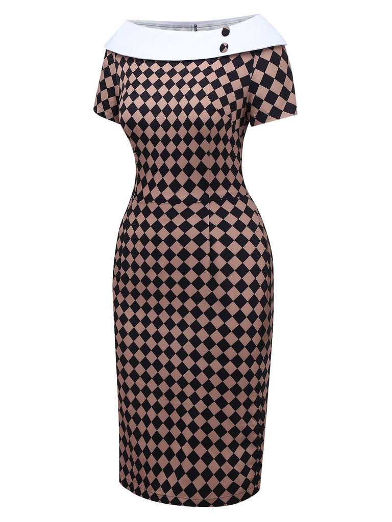 [Pre-Sale] Khaki 1960s Argyle Boat Neck Pencil Dress