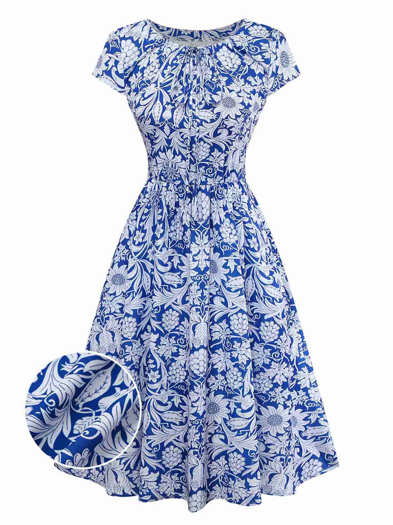 [Pre-Sale] Blue 1950s Ethnic Floral Round Neck Cap Sleeve Dress