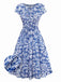 [Pre-Sale] Blue 1950s Ethnic Floral Round Neck Cap Sleeve Dress