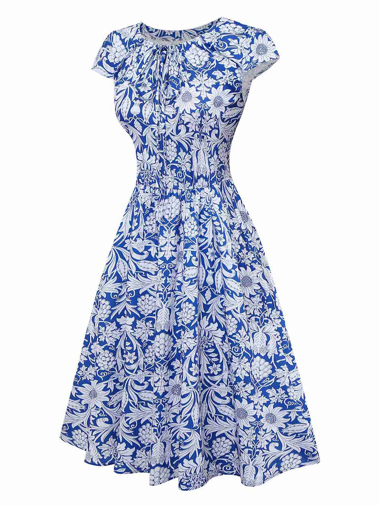 [Pre-Sale] Blue 1950s Ethnic Floral Round Neck Cap Sleeve Dress